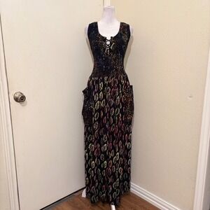 Lotus Traders Peasant Boho Leaf Print Batik Smocked Lace Up Maxi Dress One Size
